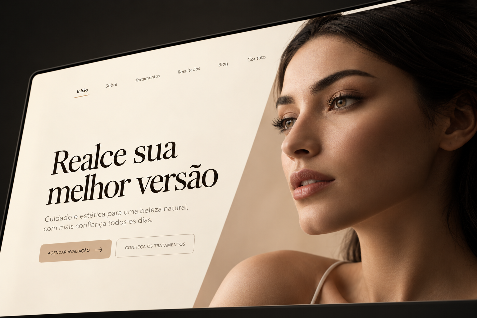 Prévia de site de beleza em tons claros, com o título Realce sua melhor versão.