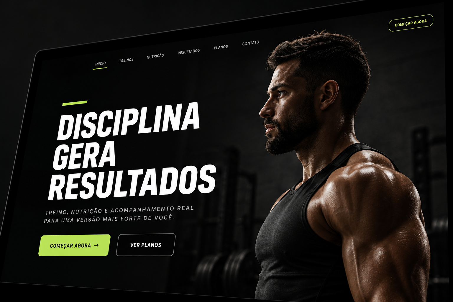 Prévia de site fitness em preto e verde, com o título Disciplina gera resultados.